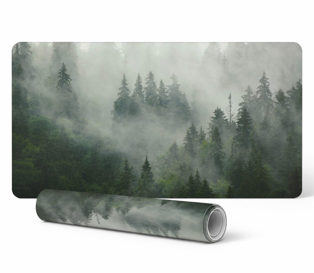 Gamingmuis- en toetsenbordmat met mistig naaldbosmotief, 90x45 cm