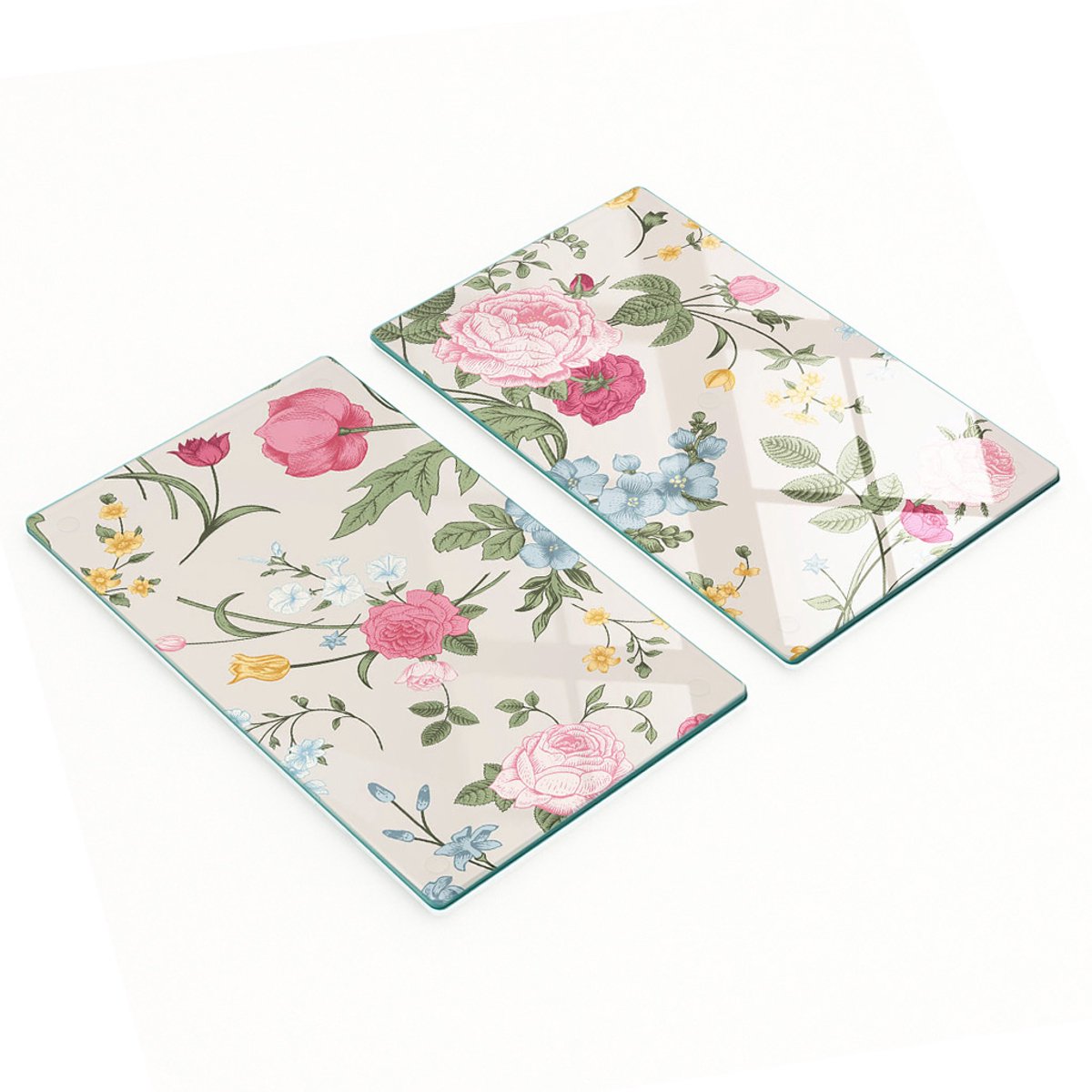 Set van twee glazen snijplanken met Victoriaans boeketmotief, 2x30x52 cm