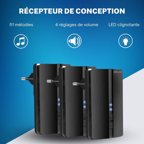 Draadloze Deurbel Set - Zonder Batterijen - Meerdere Ontvangers - Kinetische Energie - 50 Meter Bereik - Zwart — afbeelding 2