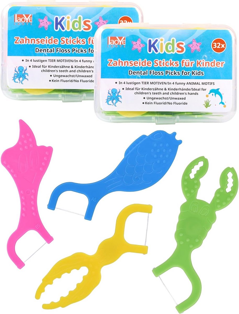 Floss Sticks Kinderen - Tandzijde Sticks - Nauw Intermediair - Kindvriendelijk Handvat - 64 Stuks - 4 Kleuren