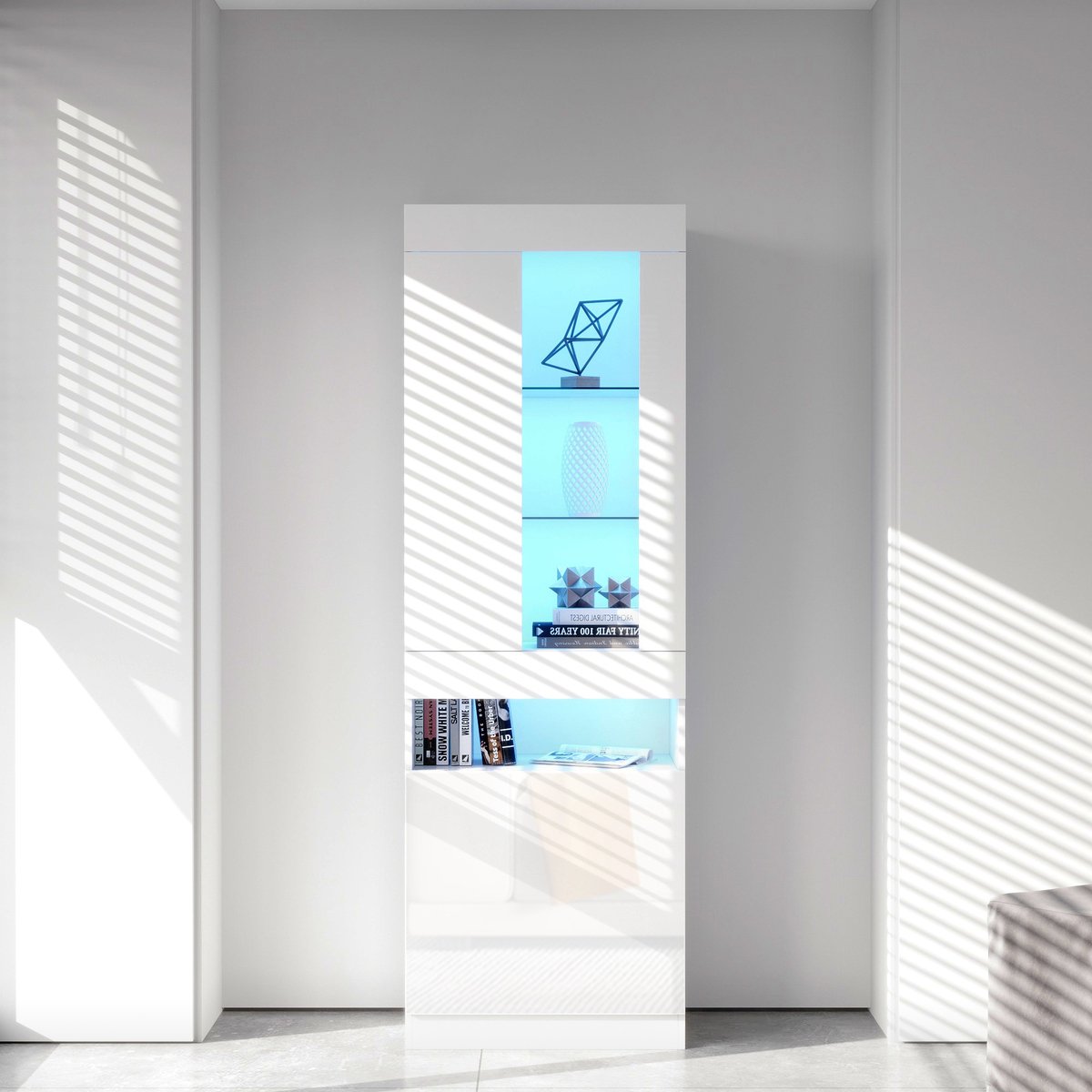 REDOM - Vitrinekast - LED-Verlichting En Opbergruimte - Modern - Voor Woonkamer - Spaanplaat - Wit - 50 X 40 X 180 Cm