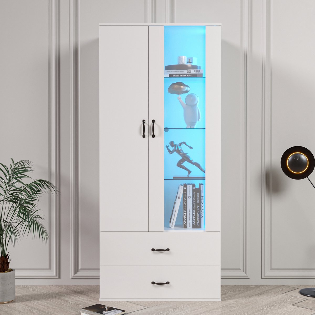 REDOM - Vitrinekast - Met LED-Verlichting En 2 Deuren - Modern - Voor Woonkamer - Spaanplaat - Wit - 59,5 x 35 x 182 cm