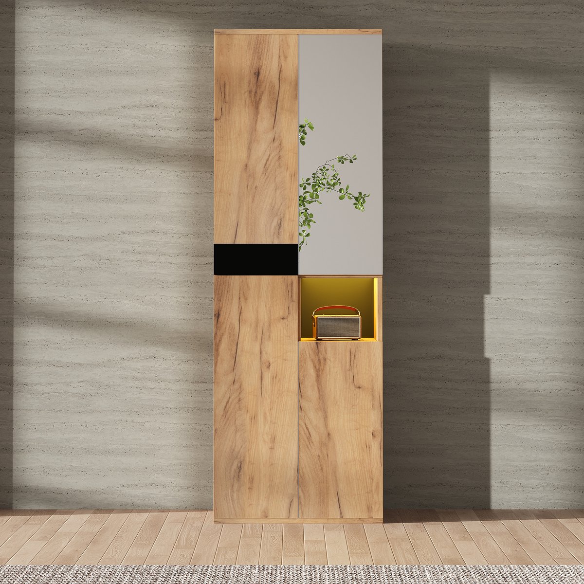 REDOM - Hoge Kast - 4 Deuren En Open Opbergvak - Modern - Met Spiegel - Spaanplaat - Zwart En Naturel - 65 X 35 X 190 Cm
