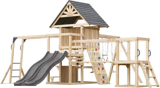 Tour de jeu AXI Hunter en bois avec balançoires, pont de corde, mur d'escalade et double toboggan gris, isolé sur blanc.