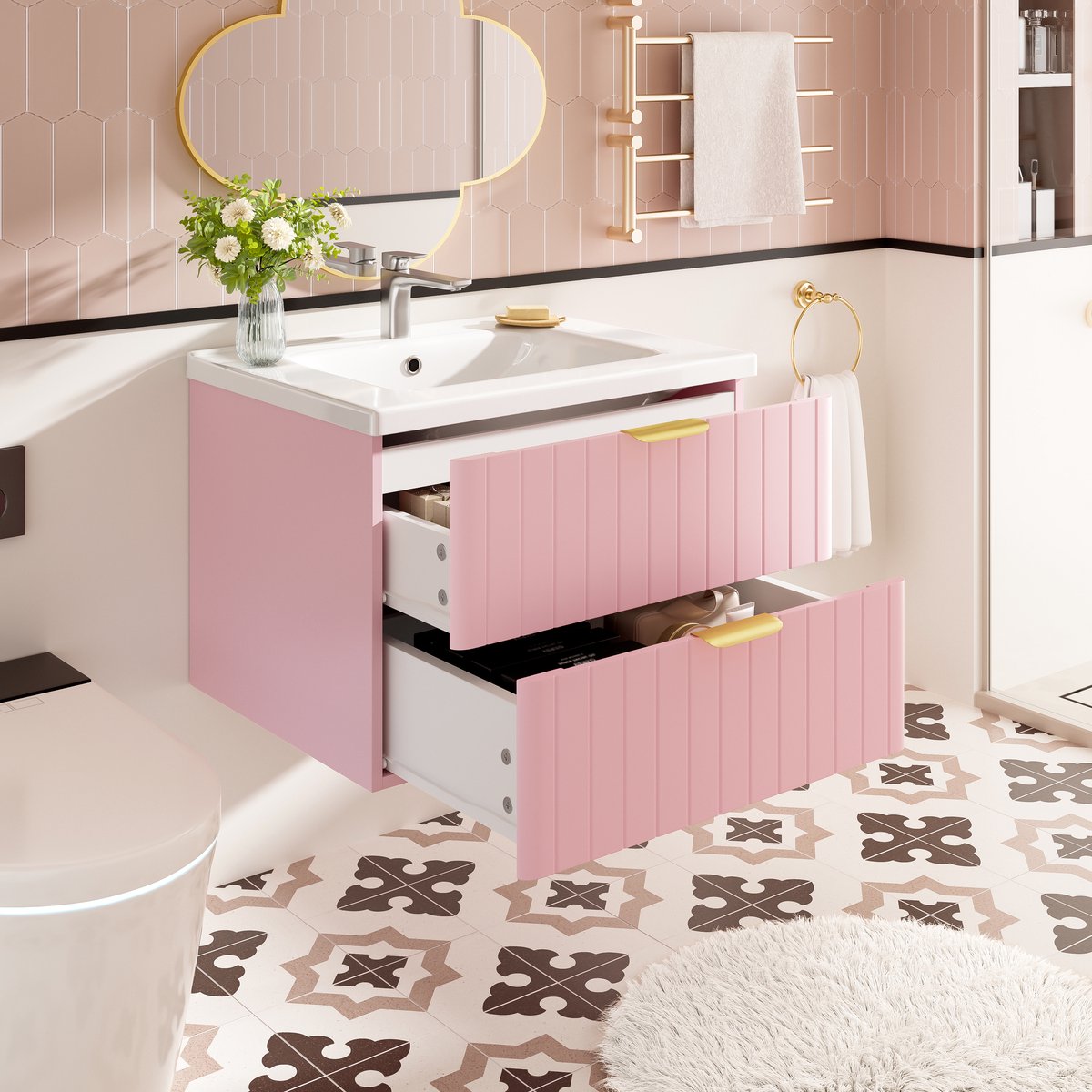 MODFU Badkamermeubel Met Wastafel - Wandhangend - Dubbele Opbergruimte - Modern - MDF - Roze Wit