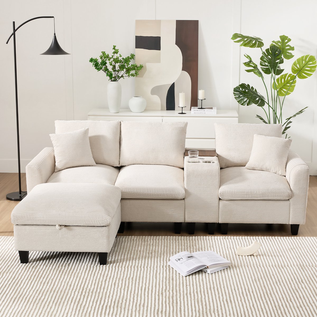 MODFU Hoekbank - Modulair Met Opbergpoef En Middenconsole - Met USB-Aansluitingen En Bekerhouders - Voor Woonkamer - Cord - Beige