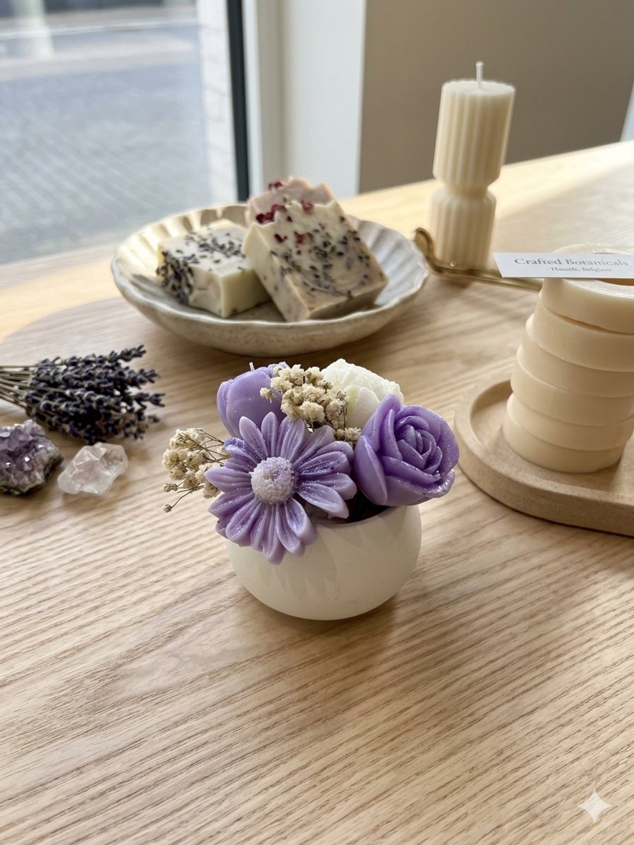 Lumen and Lux Candles Handgemaakte bloemenkaars in potje – subtiele luxe voor elk interieur Lila met ivoor