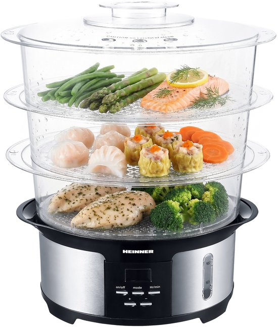 Heinner Master Collection Stoomkoker 12 L – 1000 W – 3 Stoomlagen – 1,4 L Waterreservoir – 90 min Timer – Oververhittingsbeveiliging – RVS/Zwart