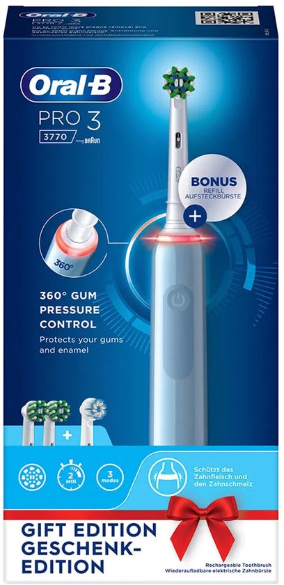 Doos van Oral-B Pro 3 met elektrische tandenborstel, 3 opzetborstels en rode strik.