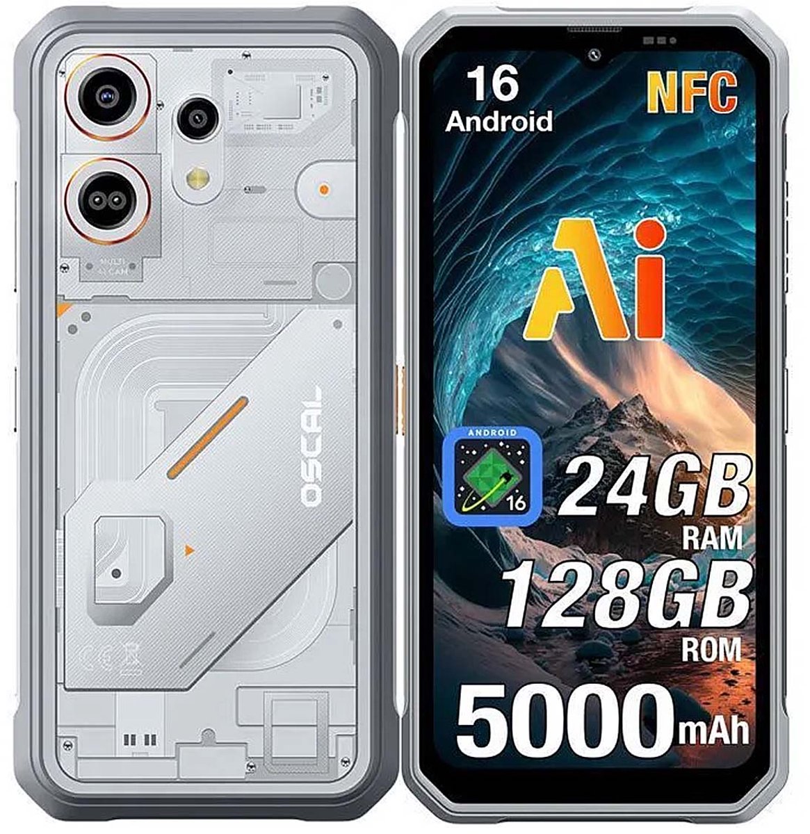 OSCAL MARINE 3 Robuuste Smartphone - 24GB RAM+256GB ROM - 5000mAh Robuuste Telefoon - 6,56 Inch - IP68 IP69K - Dual SIM 4G - Android 16 - BT5.0 - NFC GPS - Wit