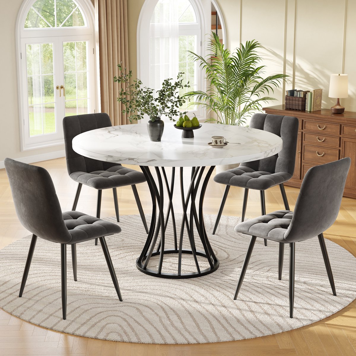 MODFU - Eethoekset - Ronde Tafel Met 4 Stoelen - Modern - Voor Eetkamer - MDF, Metaal En F