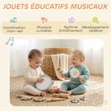 Twee baby's spelen met houten muziekinstrumenten op een kleed. De tekst beschrijft de voordelen van muzikaal speelgoed.
