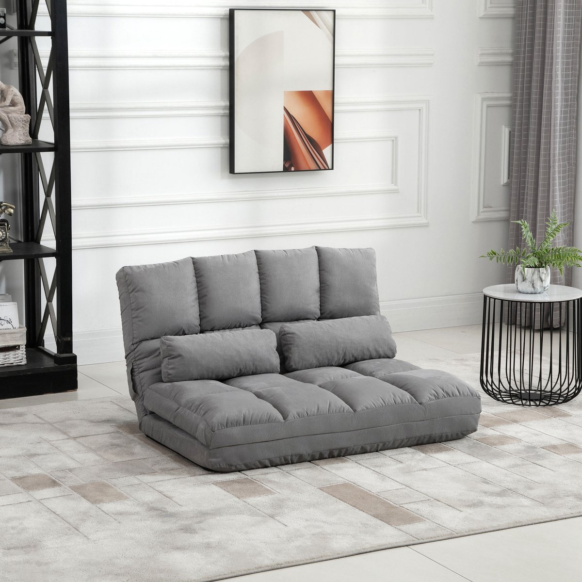 MODFU - Vloerstoel En Bed - 3-Standen Verstelbare Rugleuning - Inklapbaar - Schuim, Metaal En Fluweelachtige Stof - Grijs - 102 x 73 x 60 cm