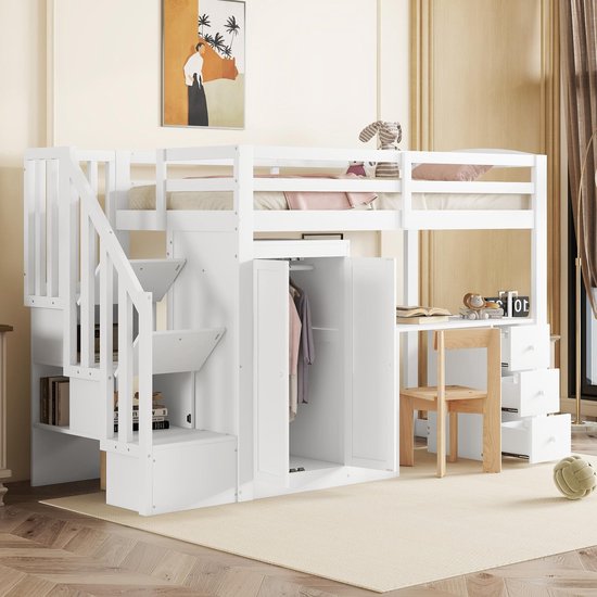 MODENUIT Hoogslaper 90x200 cm – Met Bureau en Kledingkast – Opbergtrap en 3 Laden – Zonder matras – Grenen – Wit