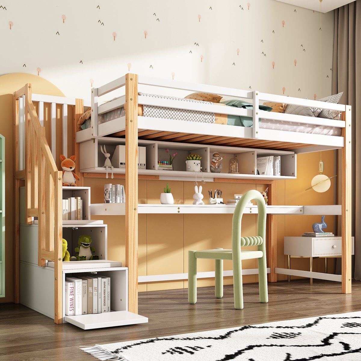 MODENUIT Hoogslaper 90x200 cm – Met trap en bureau – Opbergruimte in treden – Massief hout en MDF – Zonder matras – Wit