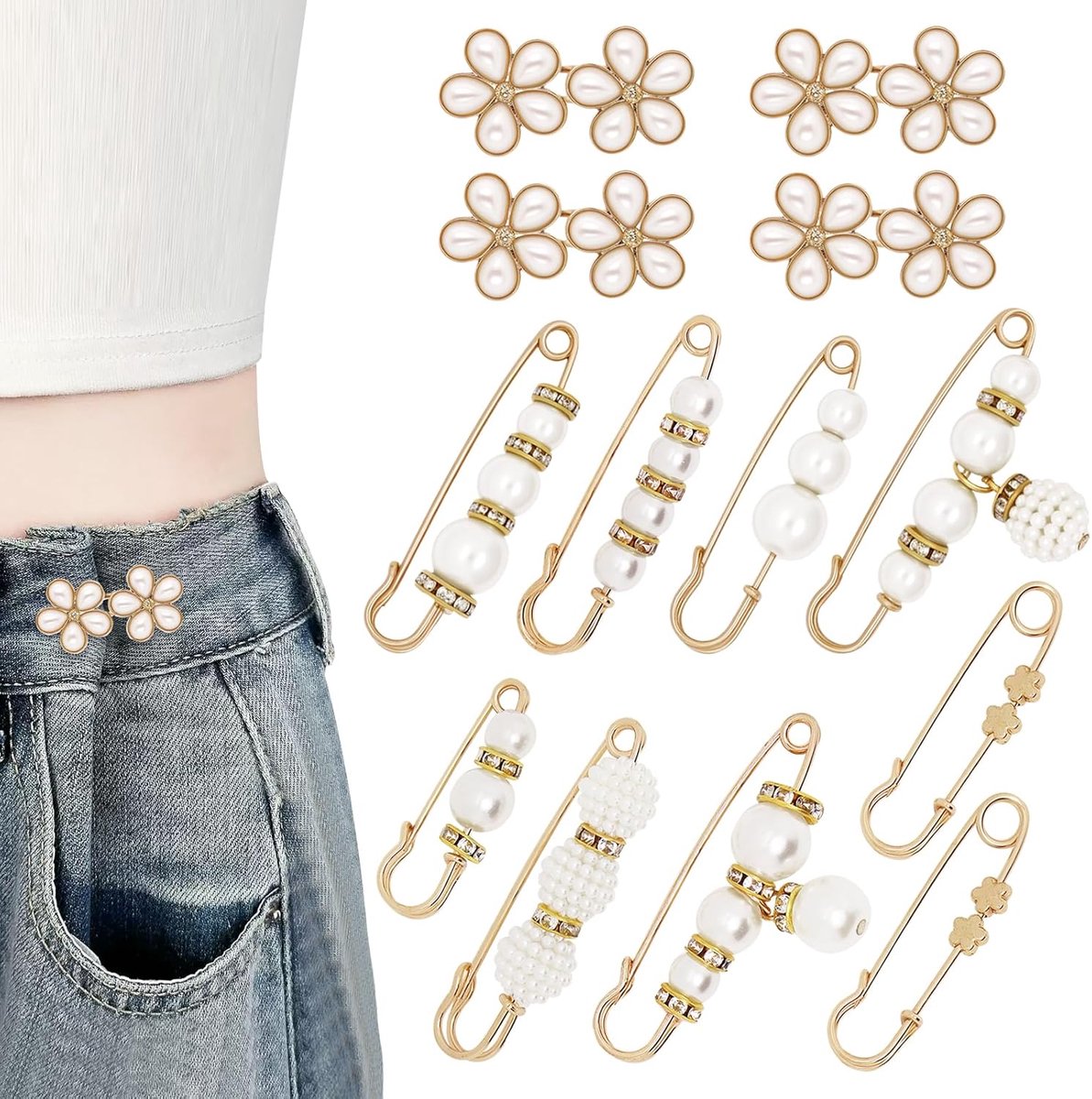 Set van 13 parelknopen/speldjes om de taille van een broek strakker te maken, geschikt voor wijde jeans, jurken en rokken. Herbruikbare parelbroche voor kleding en rokken. Geen naaien of gereedschap nodig | Cyslmuk®