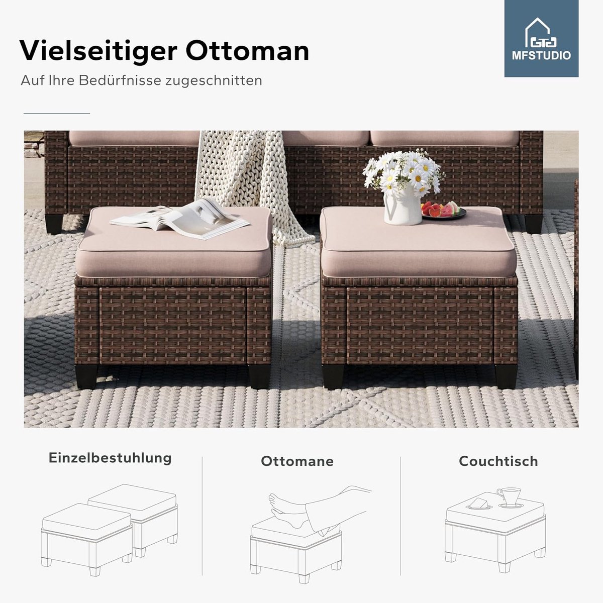 Tuin Loungeset Modulaire Rotan Hoekbank met Kussens 61x61x44,5 cm – Weerbestendige Balkon & Tuinmeubelset met Cushion Pro Technologie, UV-bestendig en Multifunctioneel Design – Laura