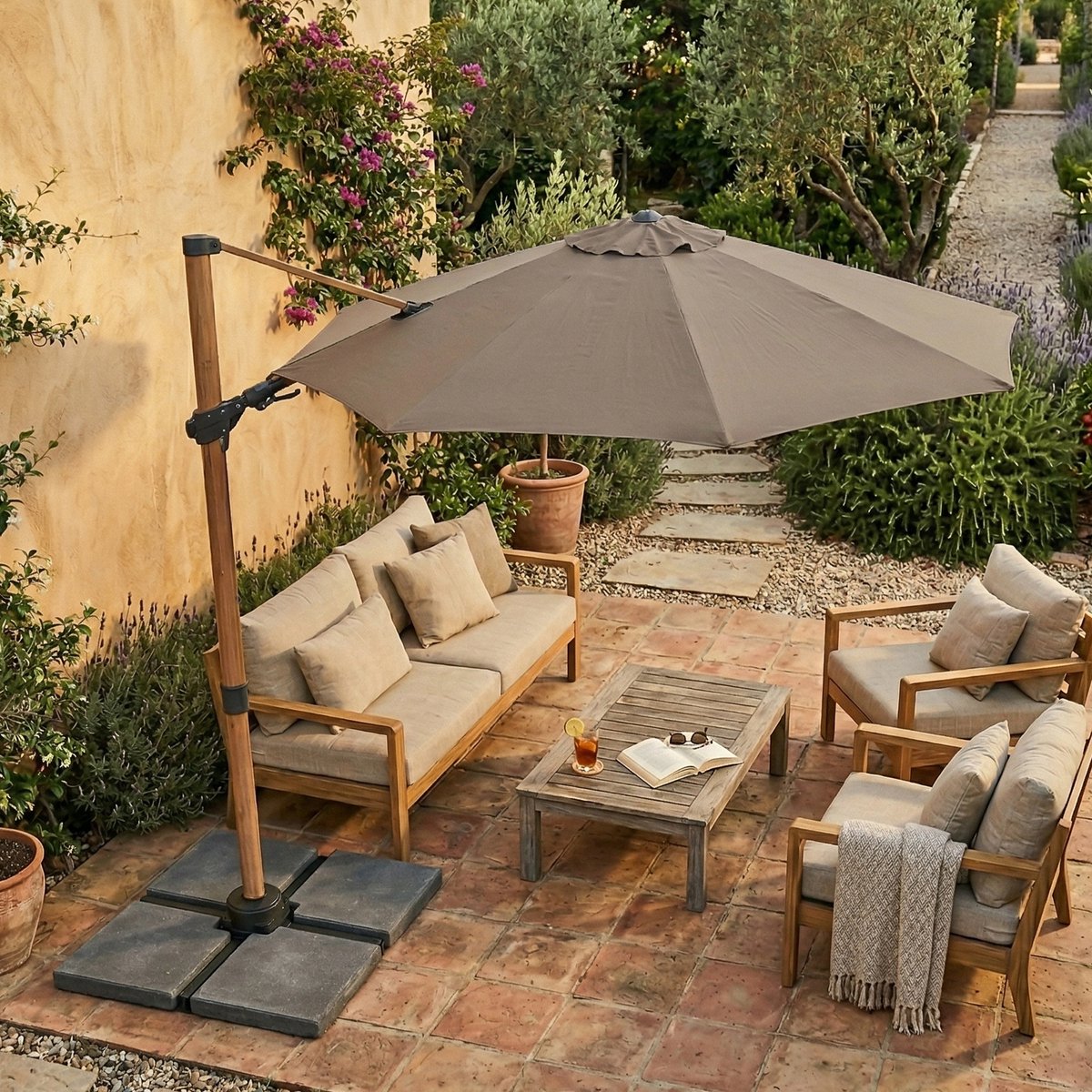 AXI Solis Zweefparasol Ø 300cm Houtlook/taupe incl. Hoes – Gepoedercoat frame met kruisvoet – 360° Draaibaar - Kantelbaar – foto 4