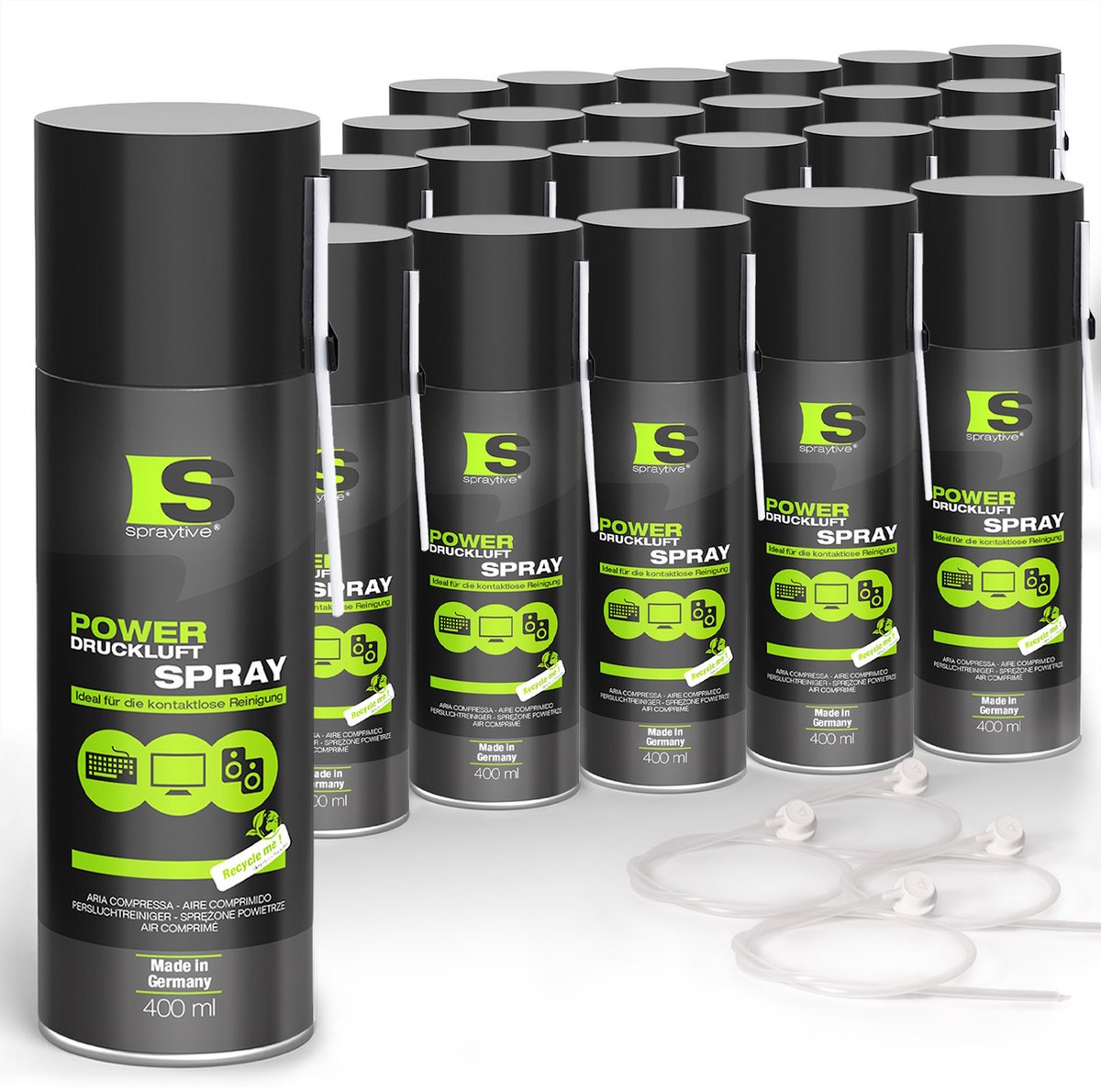 Spraytive 24x 400ml power persluchtspray persluchtreiniger met 10cm spuitrietje voor toetsenbord, pc, ps5, xbox, camera