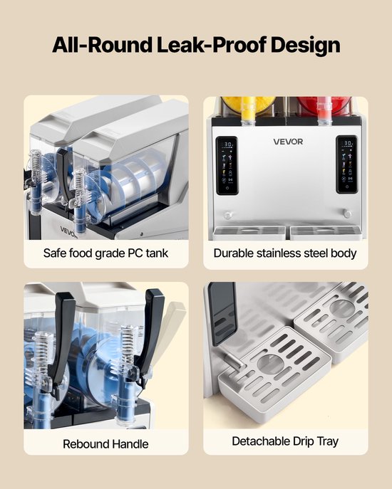 VEVOR Slushmachine 2 x 3 L, Slush-ijsmaker 450 W (Geen Ijs Nodig), Elektrische Margarita-machine met Zelfreinigende Functie, Geschikt voor Bevroren Margarita's, Frappés, Milkshakes en Shakes — afbeelding 4