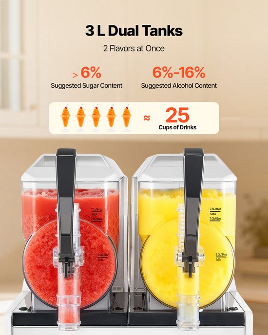 VEVOR Slushmachine 2 x 3 L, Slush-ijsmaker 450 W (Geen Ijs Nodig), Elektrische Margarita-machine met Zelfreinigende Functie, Geschikt voor Bevroren Margarita's, Frappés, Milkshakes en Shakes — afbeelding 3