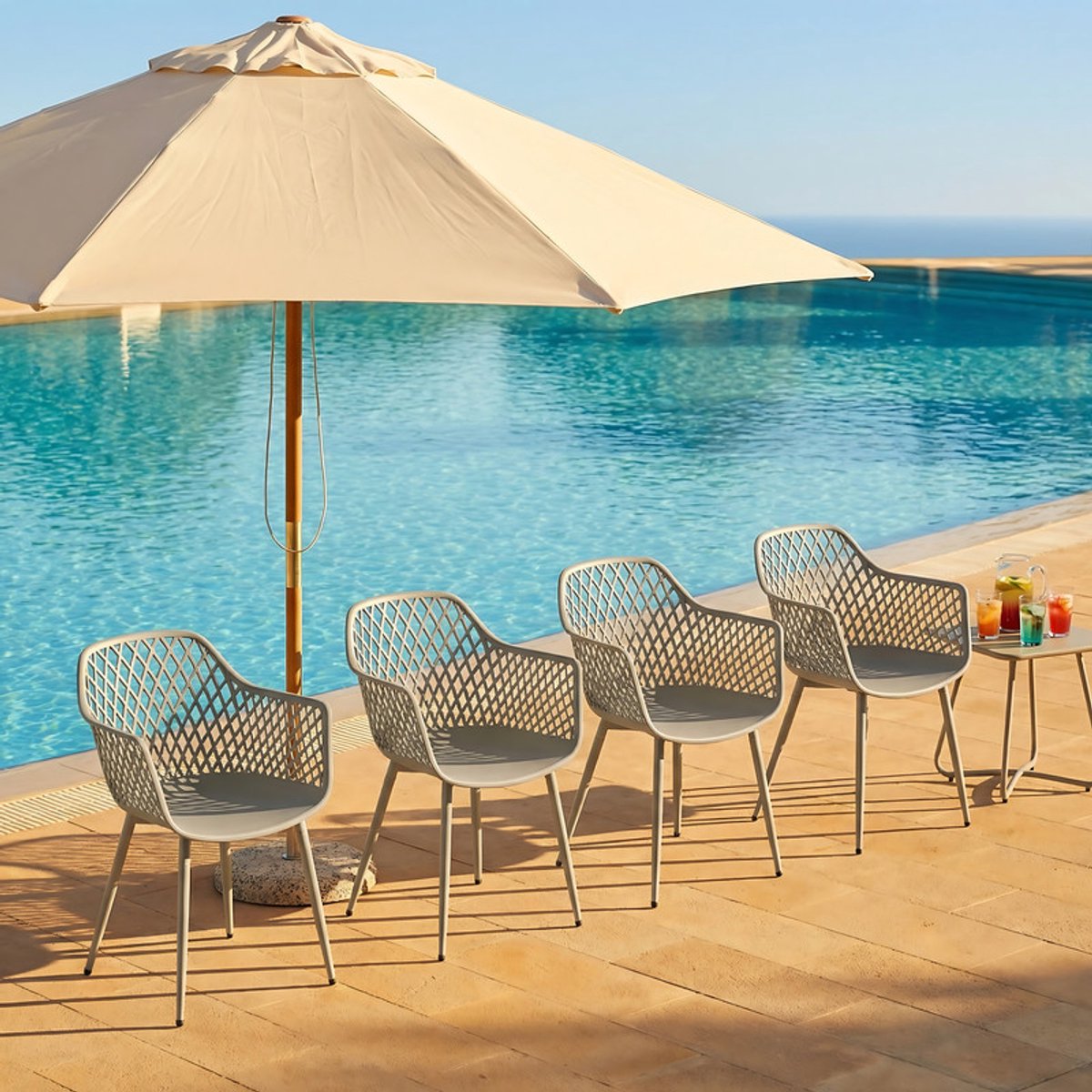 EGGREE Tuinstoelen set van 4 - kunststof tuinstoel met armleuningen - loungestoel - weerbestendige tuinstoel voor tuin - balkon- en terrasstoelen - bistrostoel - balkonmeubilair - klein balkon - Grijs
