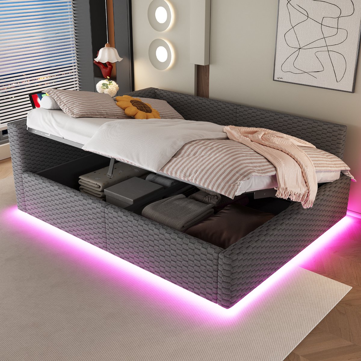 HAUSS SPOLE Gestoffeerd Bed 140x200 cm - Met Led, Usb en Usb C - Met Opbergruimte - Zonder Matras - Fluweel - Grijs