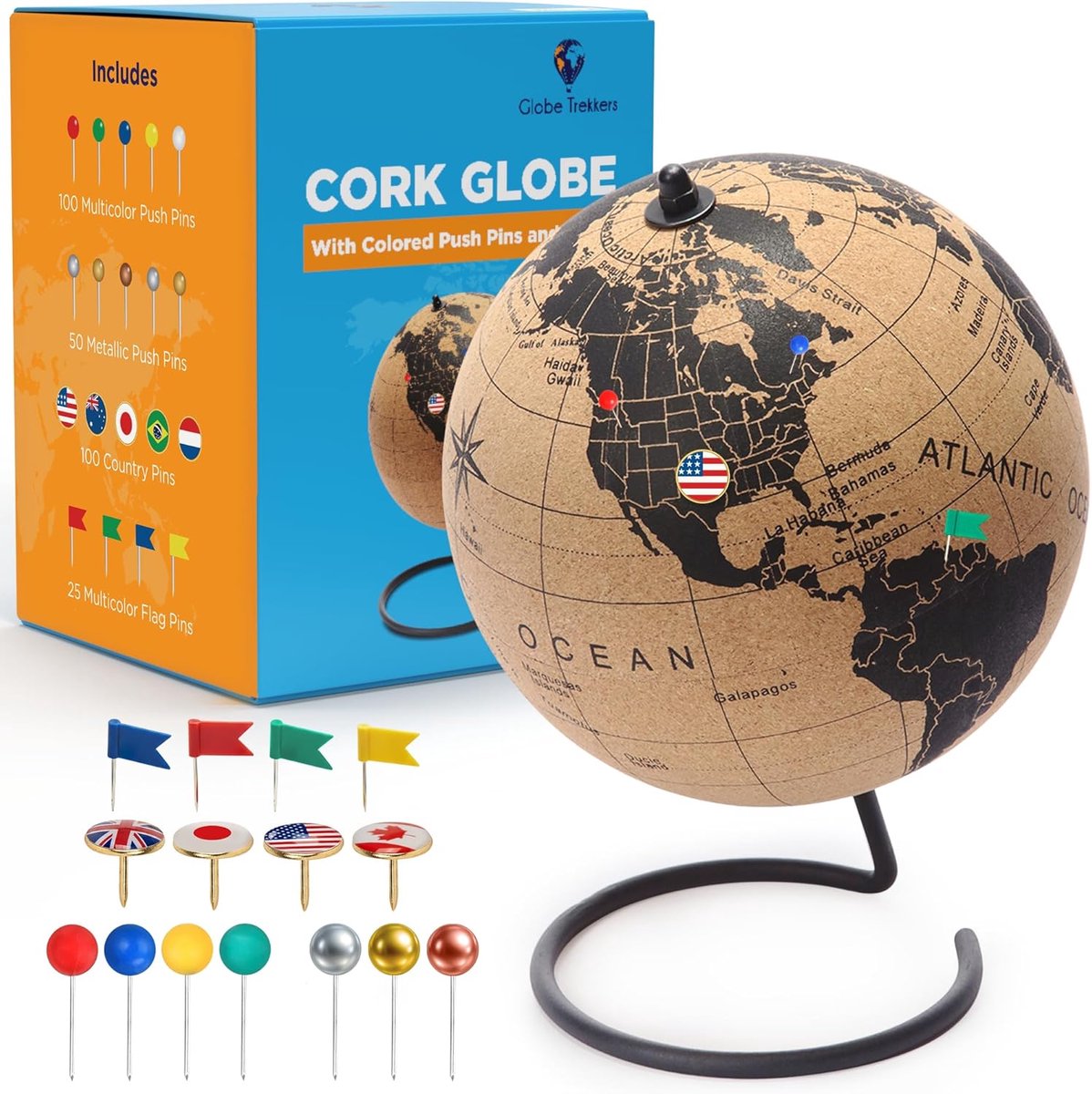 Kurken Wereldbol - Decoratieve Aardbol - Reizen Markeren - Inclusief 100 Punaise - 18 cm Diameter - Zwart