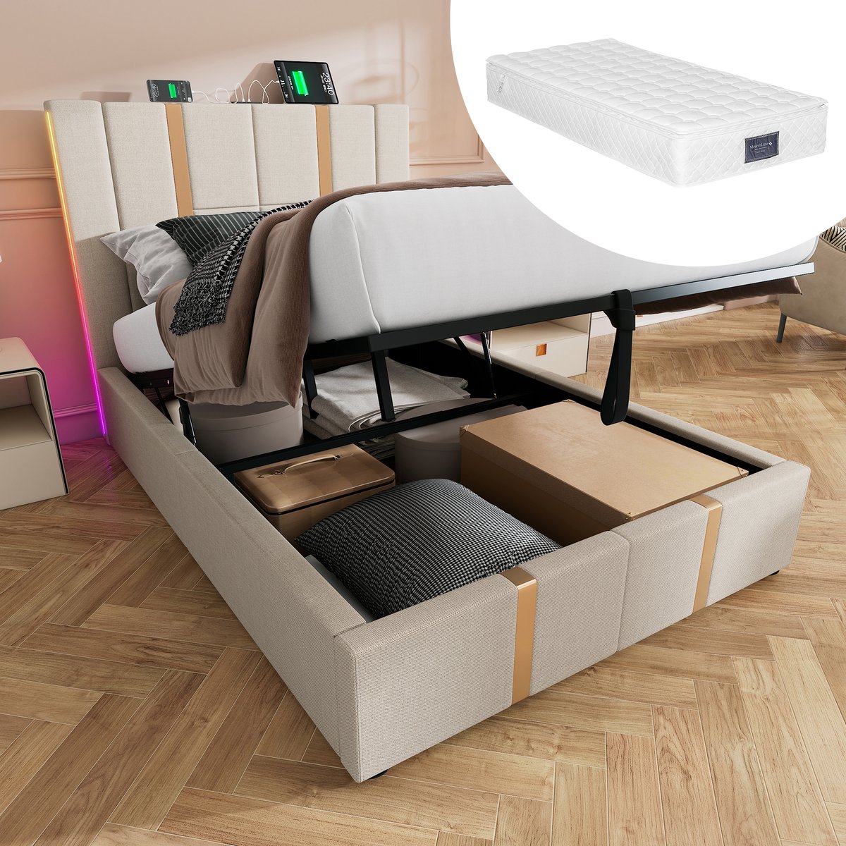 MODENUIT Gestoffeerd bed 90x200 cm – USB en USB-C in hoofdbord – LED-verlichting – Opbergruimte – Met matras – Beige