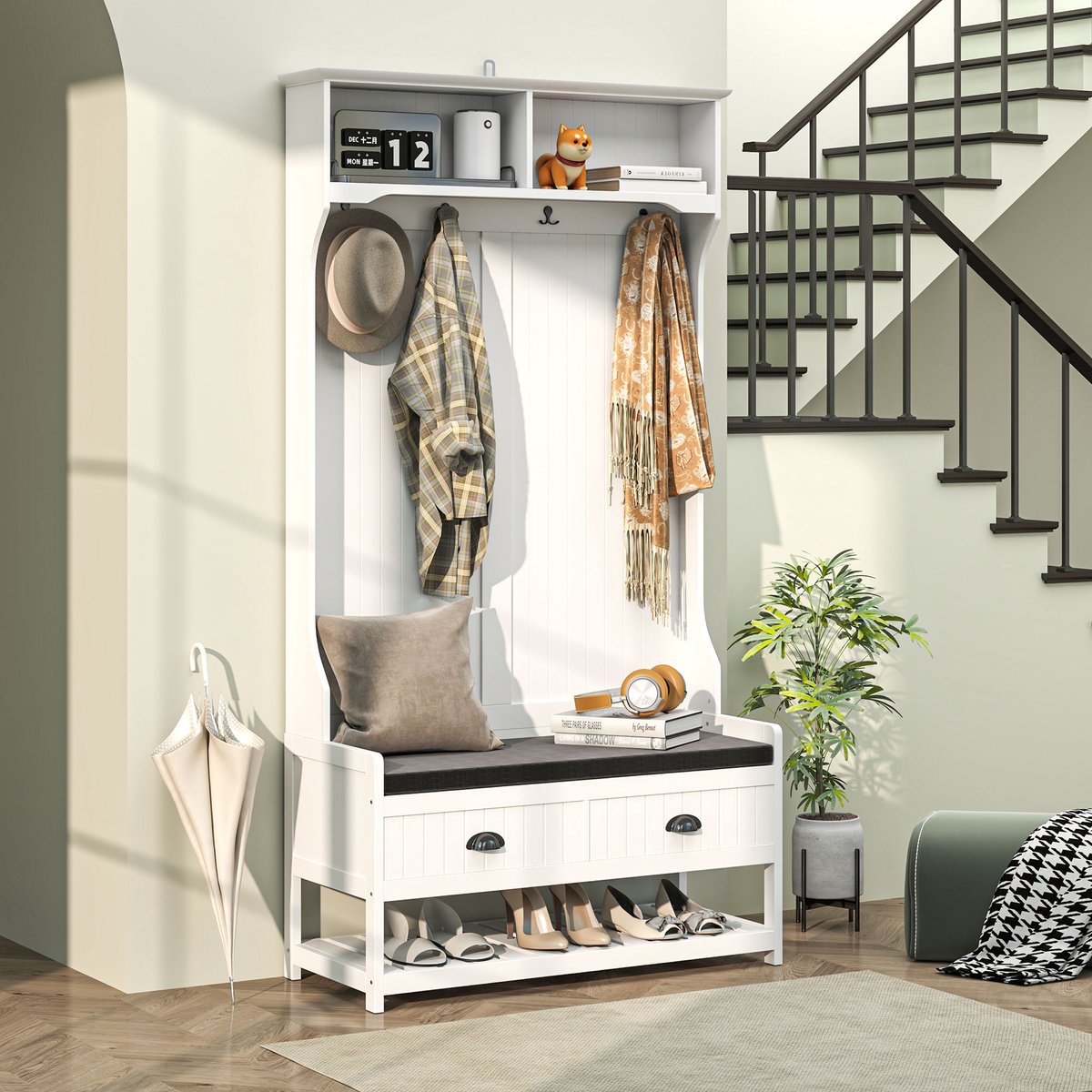REDOM - Kapstok Met Schoenenbank, 4 Haken En Laden - Modern Voor Hal Of Slaapkamer - MDF - Wit - 89 X 42 X 172 Cm