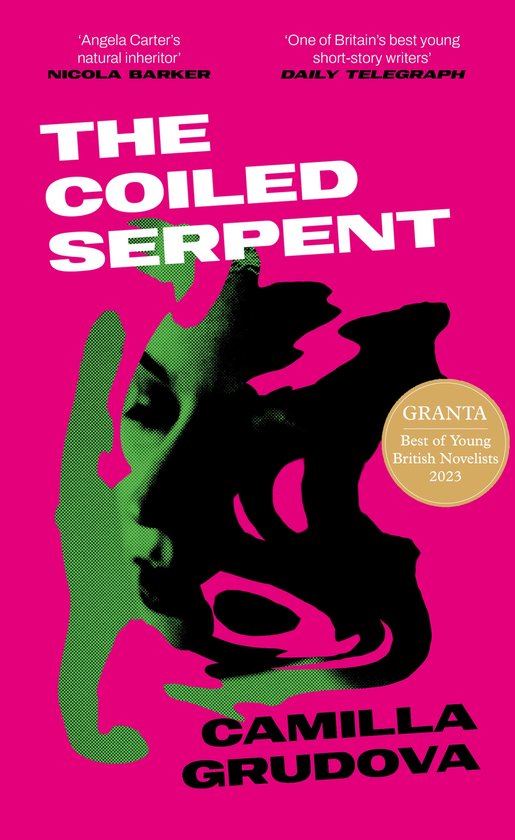 Boek 'The Coiled Serpent' in het roze met groene en zwarte abstracte gezichtsillustraties. Granta Beste Jonge Britse Romanschrijvers 2023.