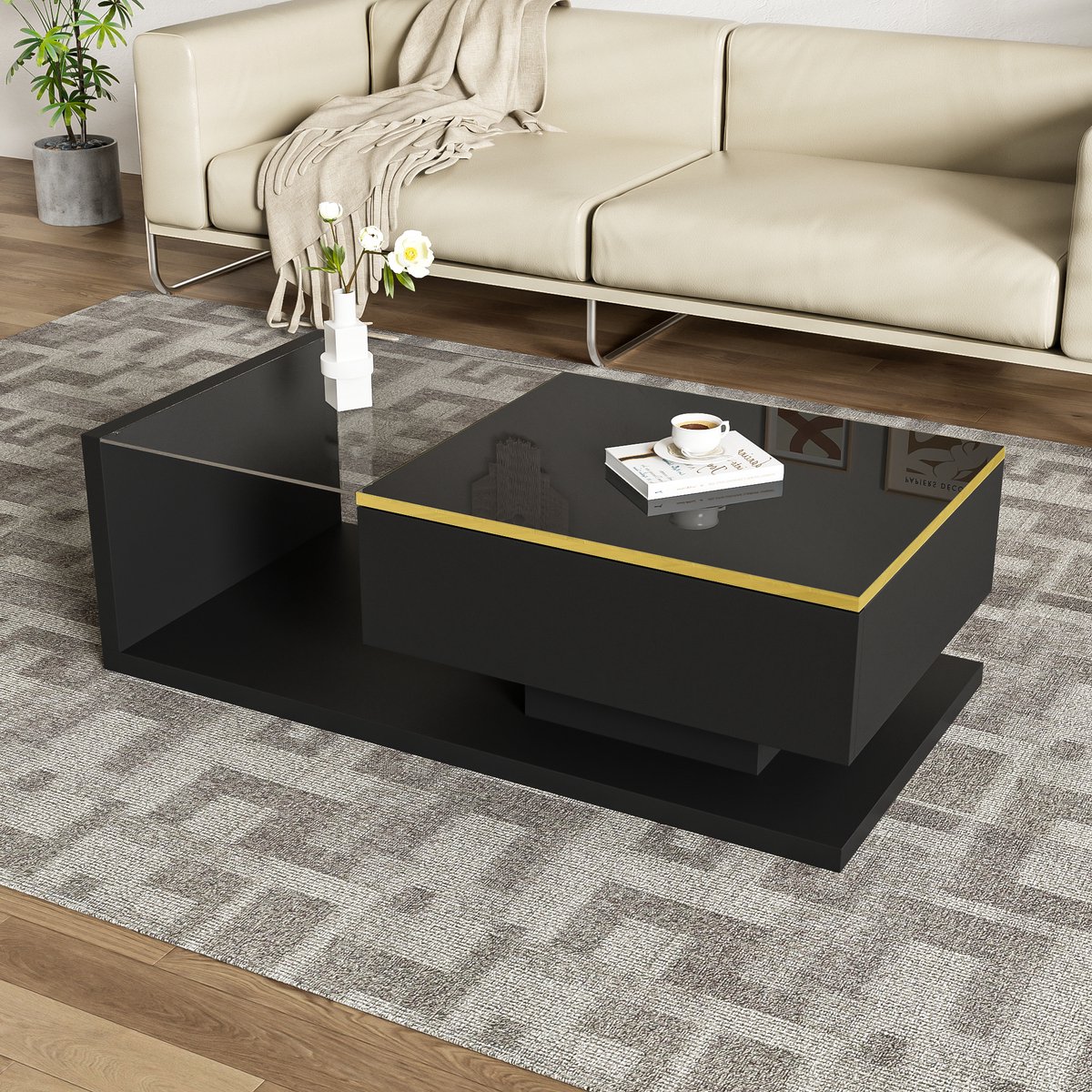 Wishdor Salontafel - Hoogglans En Ledverlichting - Modern - Voor Woonkamer - Spaanplaat En Glas - Zwart - 100 x 50 cm