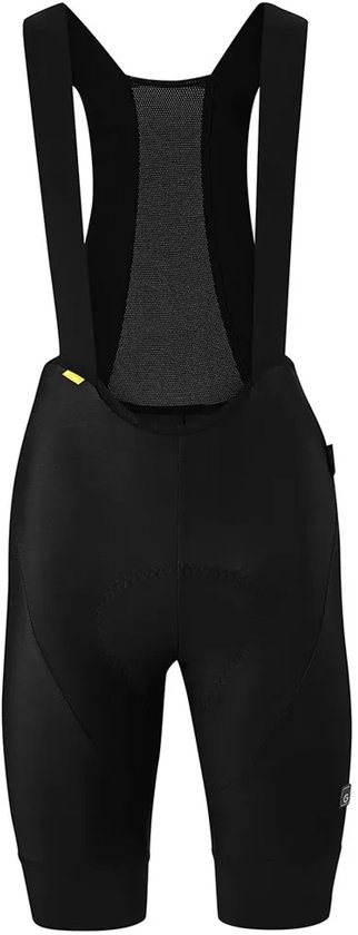 Cuissard de cyclisme noir pour femme avec bretelles, peau de chamois et un détail jaune.