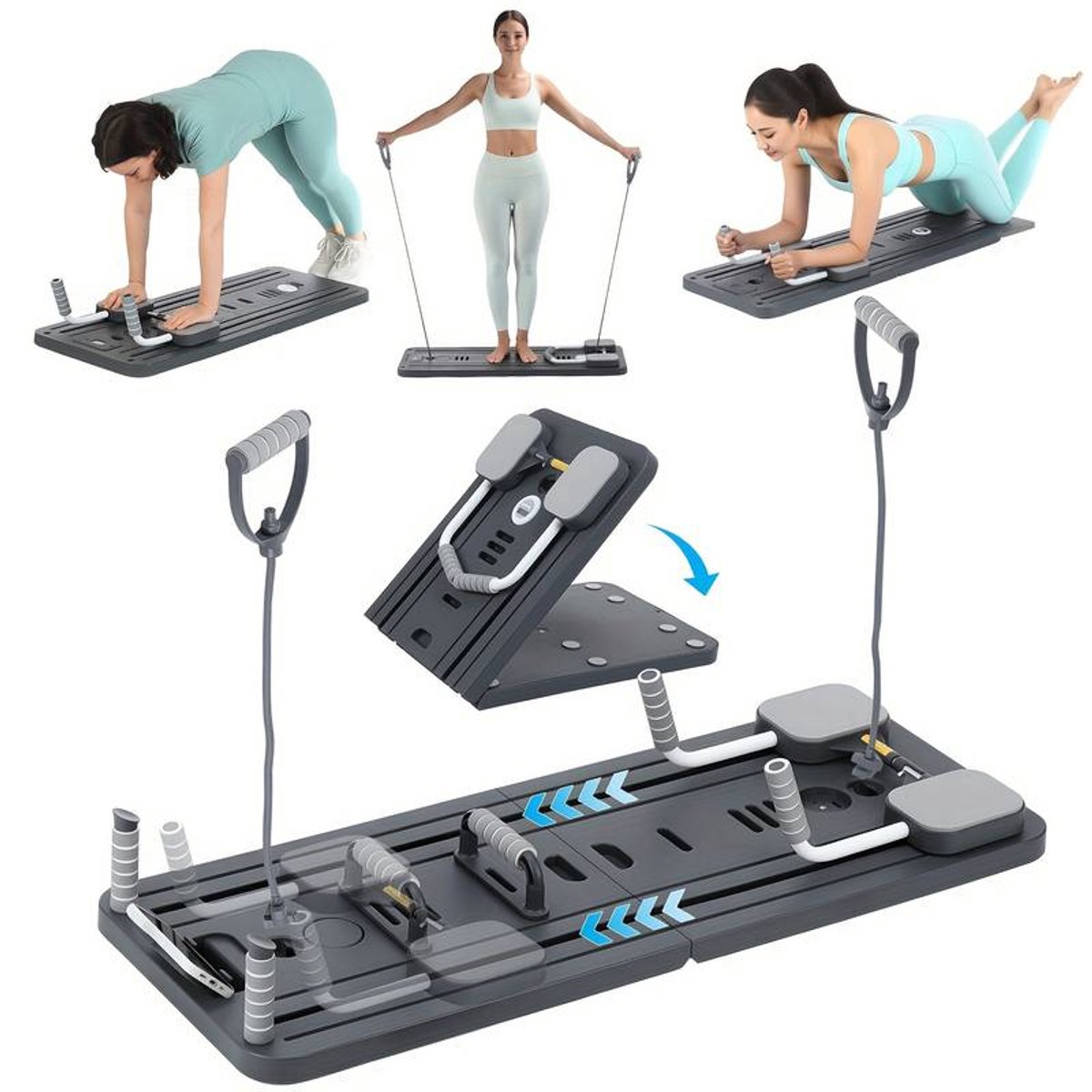 6-in-1 Fitness Board met Timer Grijs – Opvouwbare Home Gym Set – Pilates & Core Trainer met Weerstandsbanden – Full Body Workout – Compact