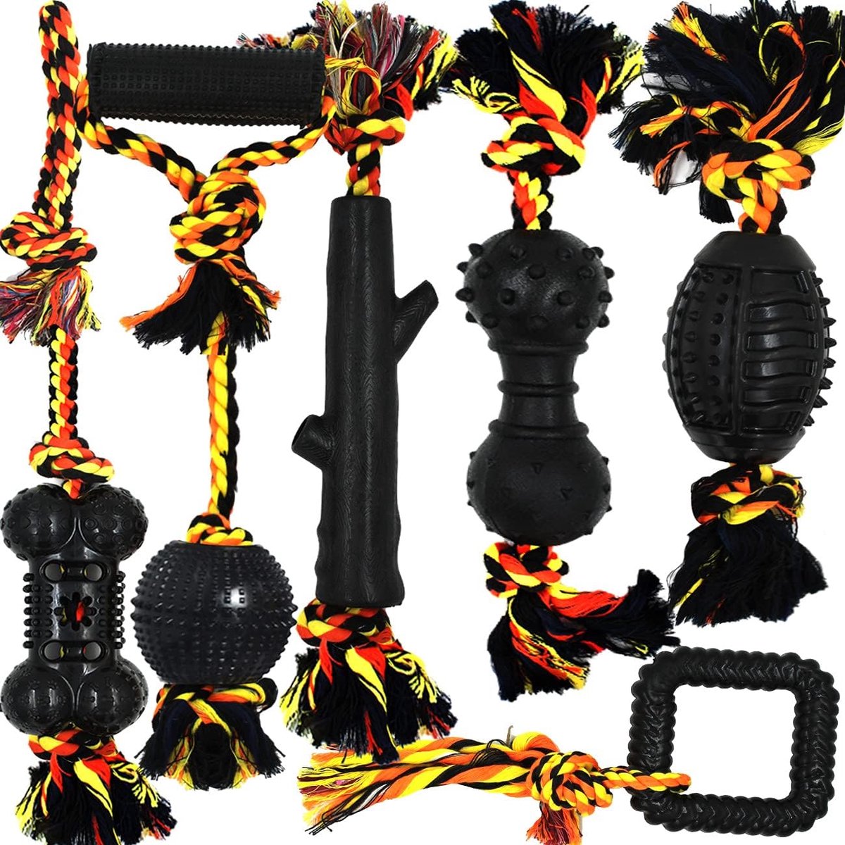 Honden Speelgoed Set - Kauwspeelgoed Touw Ballen - Touwtrekken Ophalen - Duurzaam Katoen Rubber - 6 Stuks - Zwart
