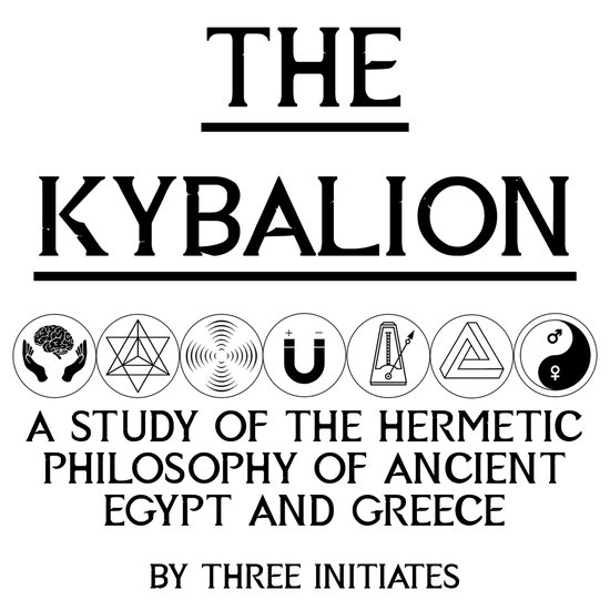 Boekkaft The Kybalion, met zeven symbolen, waaronder een brein in handen en een yin-yang teken.