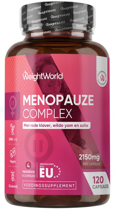 Fles menopauze complex met rode klaver, wilde yam en salie, gemaakt in de EU, 120 capsules.