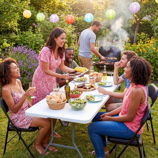 Groep vrienden geniet van een barbecue in de tuin, zittend aan een tafel met eten en drinken, verlicht door papieren lantaarns.