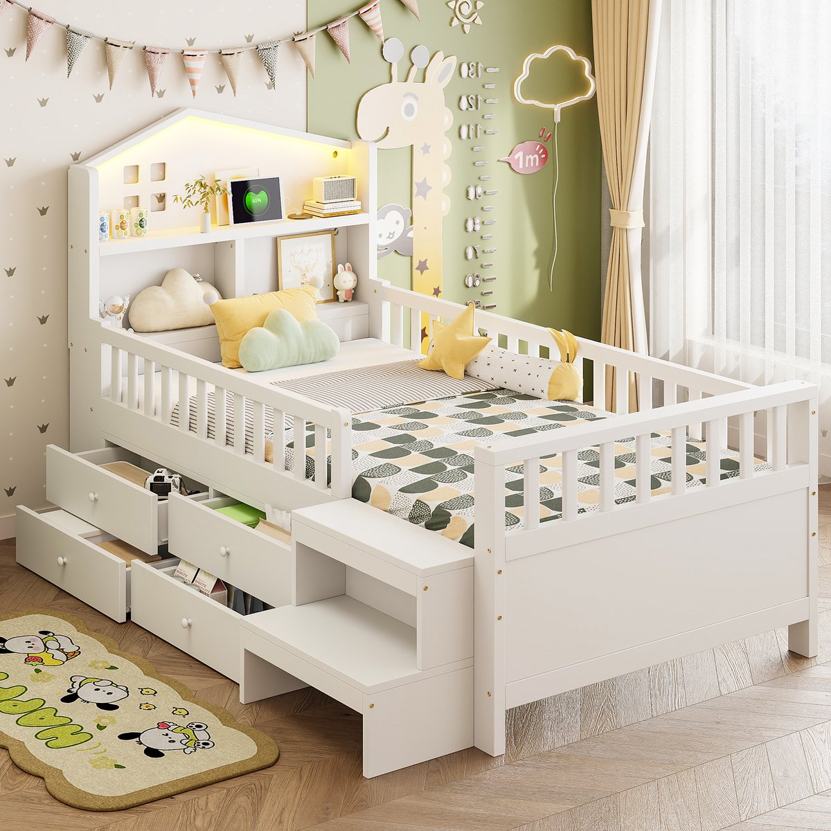 MODENUIT Kinderbed 90x200 cm – Veiligheidshek en Trap met Opbergvakken – Led en Oplaadpoorten – Zonder matras – Wit