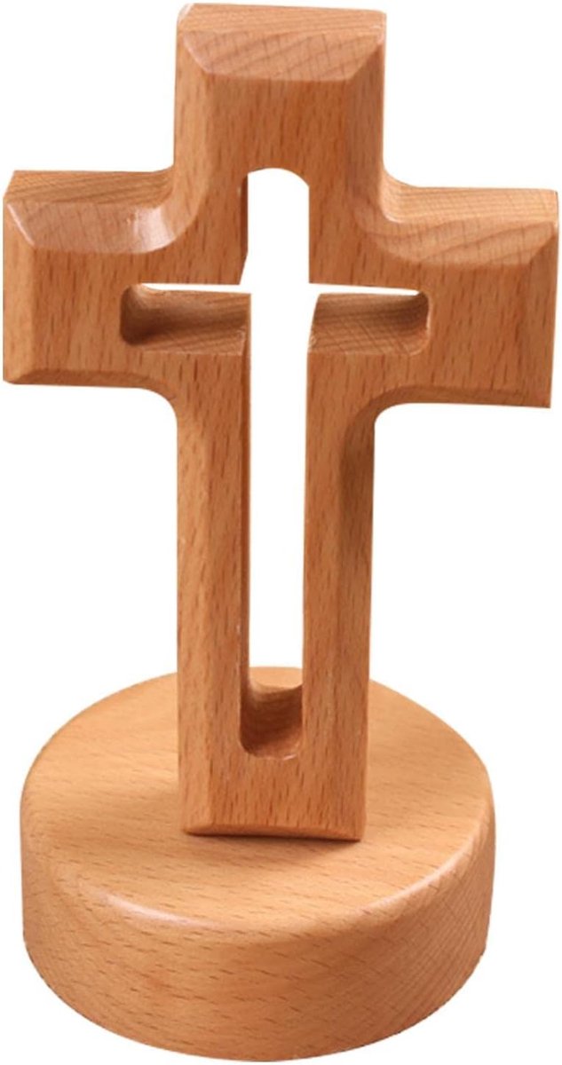 Houten Kruis Decoratie - Klein Tafelkruis - Staan Decoratie - Massief Beukenhout - 12x7cm - Natuurlijk Hout