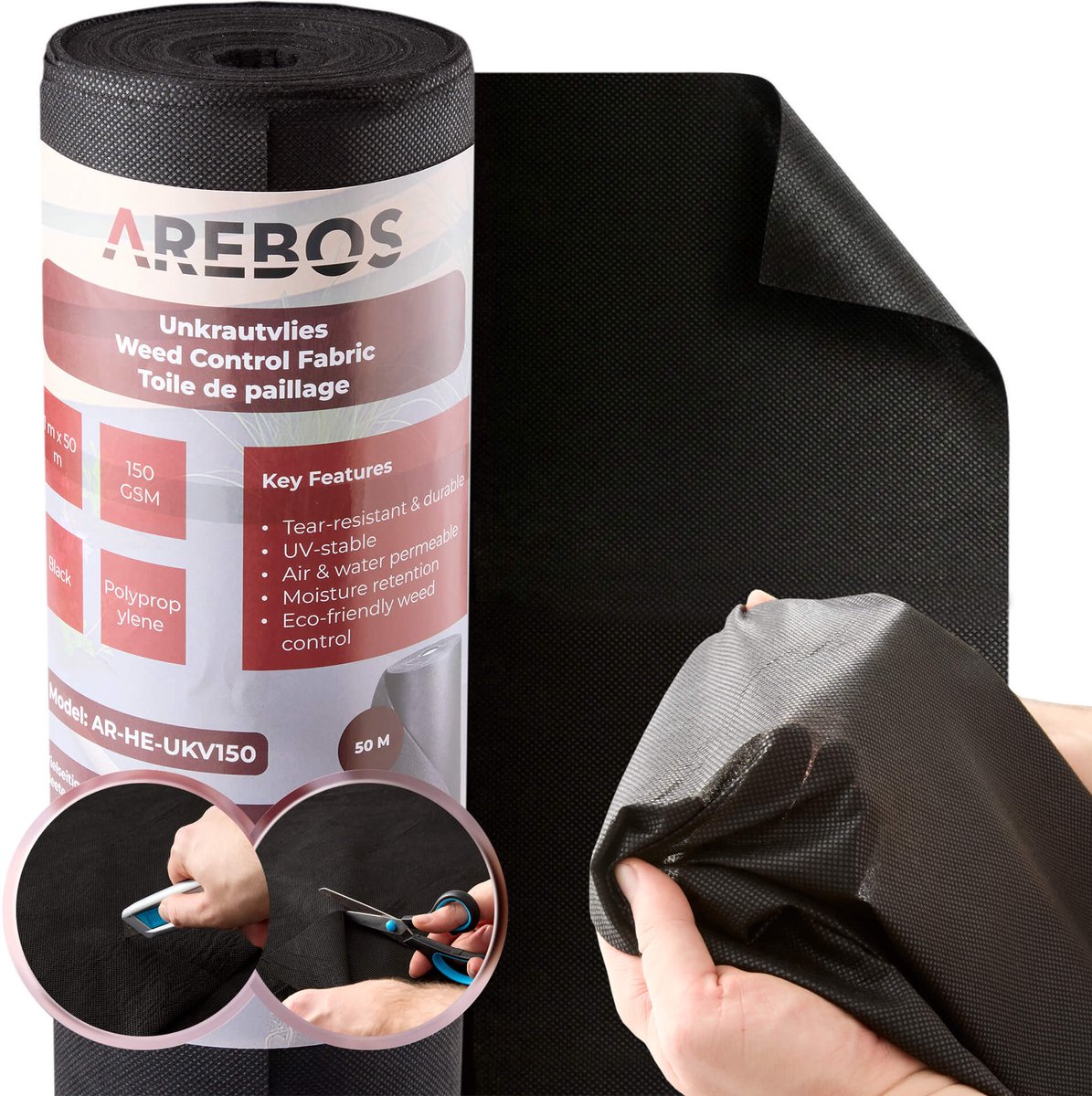 AREBOS Onkruiddoek 150g/m² 1x50m Waterdoorlatend UV Bestendig Tuin Pad Rol 50m
