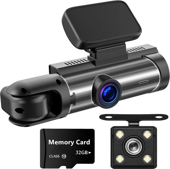 ADEL Dashcam pour Auto avec Vision Nocturne et Caméra de Stationnement (Aide au Stationnement) - 3 Caméras (Avant, Intérieur & Arrière) - 1080P Full HD & WiFi - Incl. Carte SD 32GB