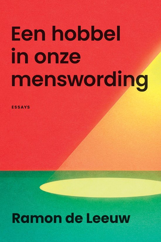Boekcover met de titel 'Een hobbel in onze menswording' in grote zwarte letters op een rode en gele achtergrond.