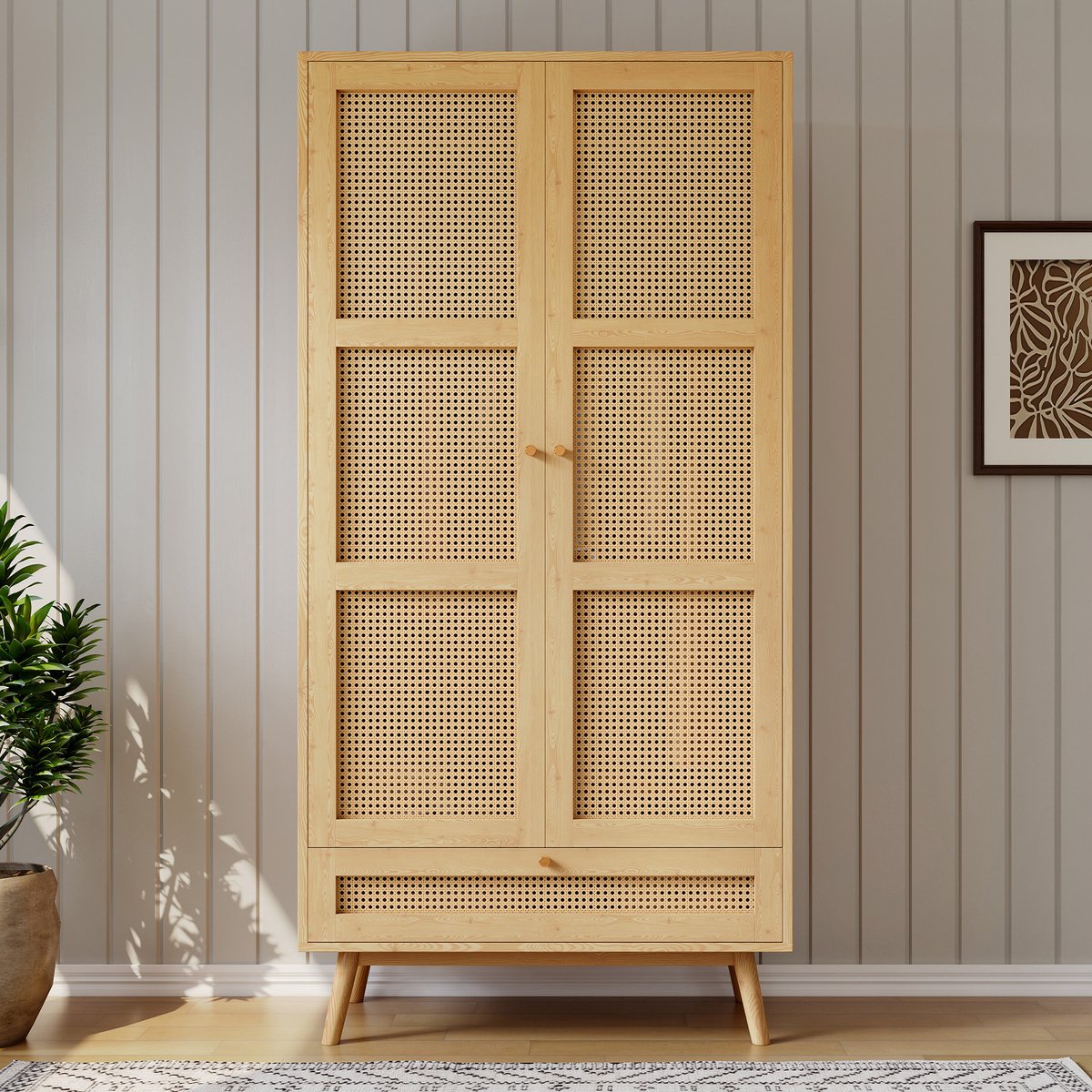 Wishdor - Kledingkast - 2 Deuren En Kledingroede - Rotanlook - Voor Slaapkamer Of Woonkamer - Hout En PE-Rotan - Naturel