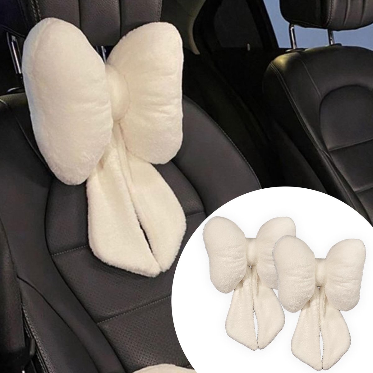 longziming -Hoofdsteun - Neksteunkussen – Cervicaal steunkussen – Zacht pluche oppervlak – Vlinderknoop-design – Ergonomisch comfort voor auto, kantoor en thuis – 2 stuks – Wit