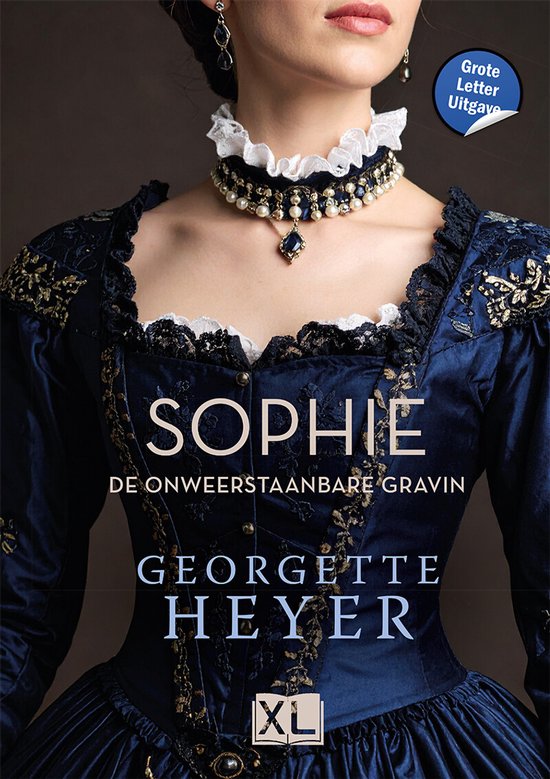 Boekomslag met de titel 'Sophie, de onweerstaanbare gravin' en 'Grote Letter Uitgave'. Een vrouw draagt een blauwe jurk met gouden versieringen en een parelketting.