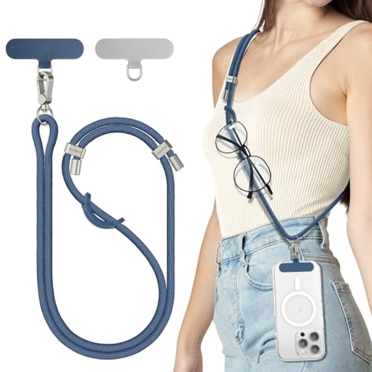 ST TRADING Verstelbaar telefoonkoord - Universele lanyard voor smartphone - Denim blauw