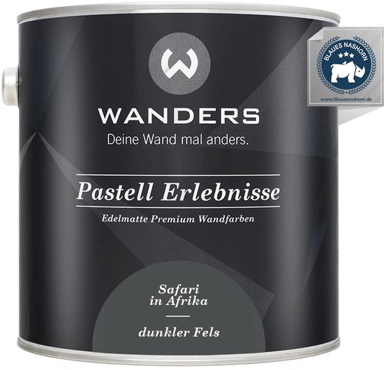 Zwart verfblik met 'Wanders', 'Pastell Erlebnisse' en 'Safari in Afrika dunkler Fels'. Iconen met een neushoorn.