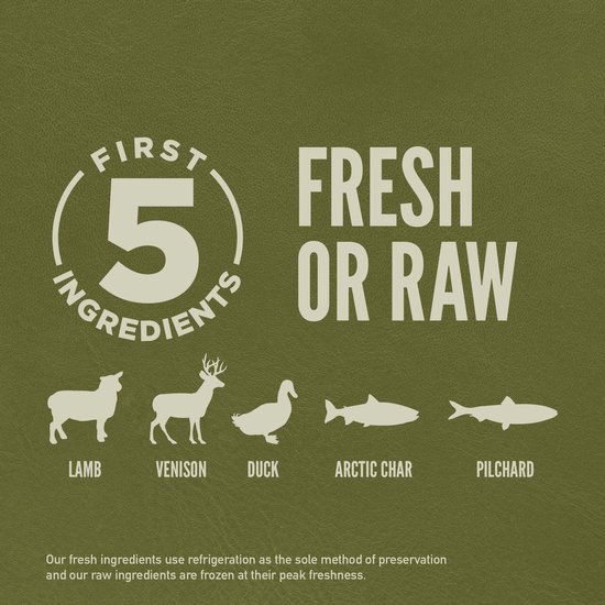 Eerste 5 ingrediënten van Orijen Tundra: lam, hert, eend, arctische char, pilchard.