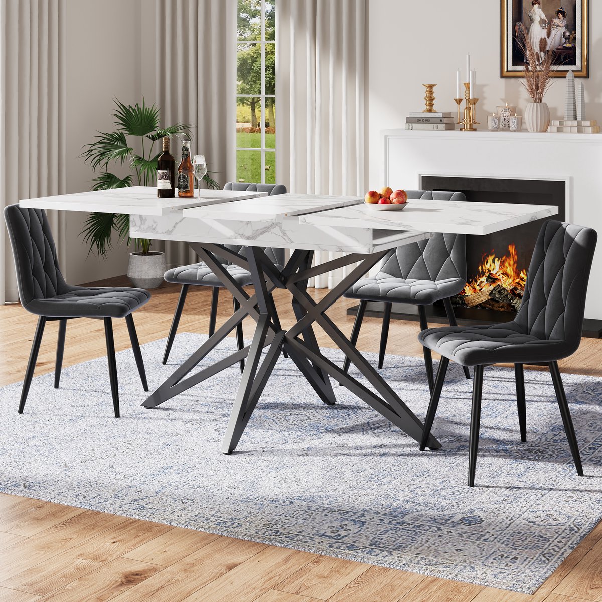 REDOM - Eetkamerset - Uitschuifbare Tafel Met 4 Stoelen - Modern - Voor Eetkamer - MDF En Metaal - Wit En Donkergrijs - 120/160 x 80 cm